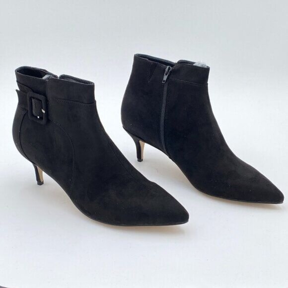 Black Suede Women Pointed Toe Ankle Boots Low Heel Strappy Buckle Dress Shoes - Picture 3 of 5